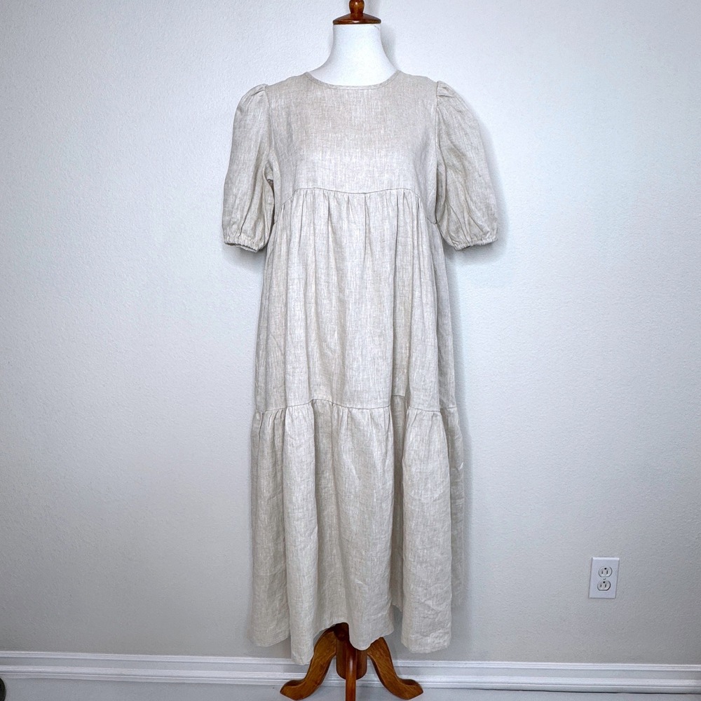 DISSH Linen Tiered Maxi Dress Tan 10 Short Puff Sleeves Cottage Core Prairie